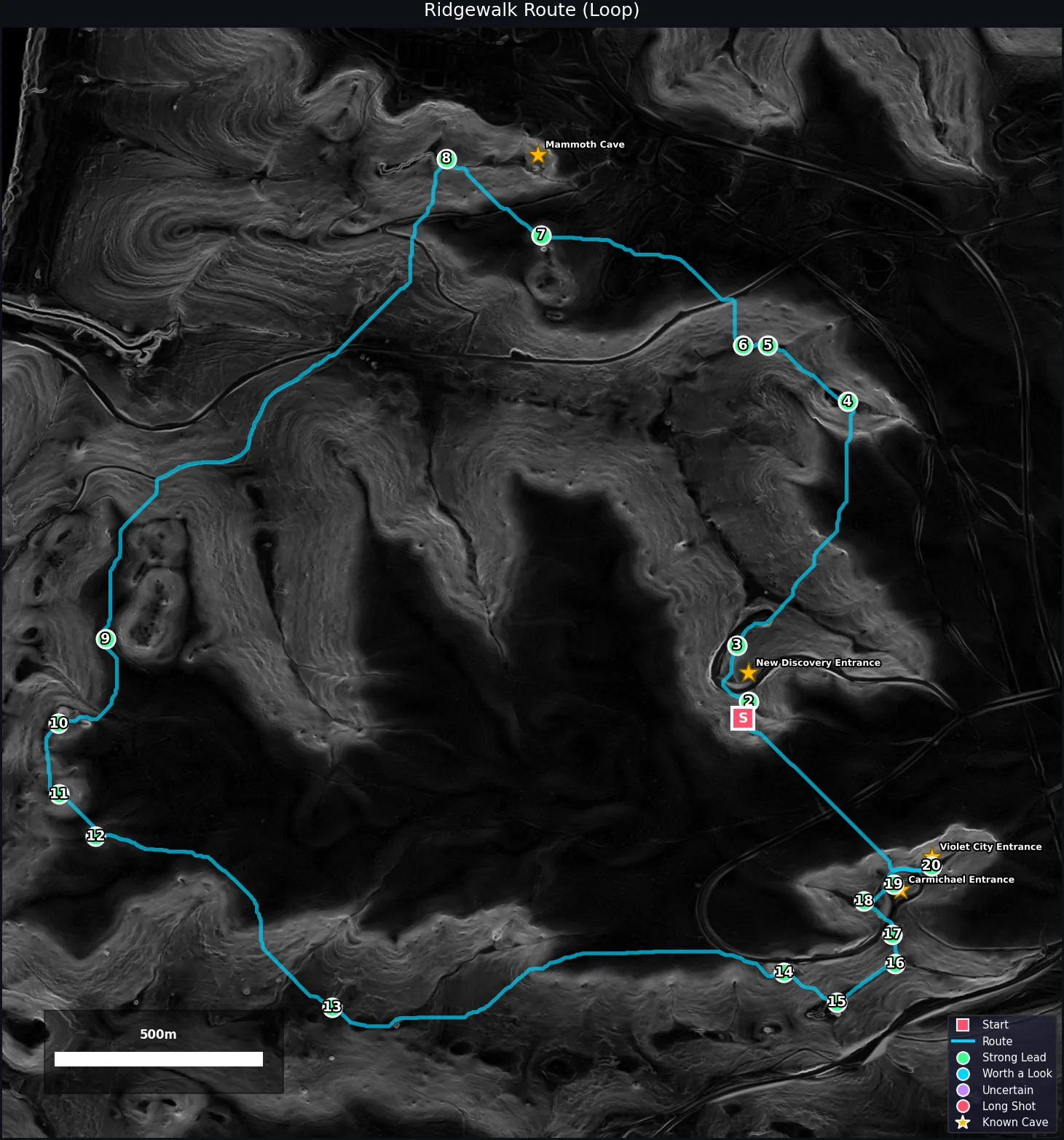 A 19-stop ridgewalk loop generated through the Mammoth Cave karst, with candidate waypoints and known caves labeled.